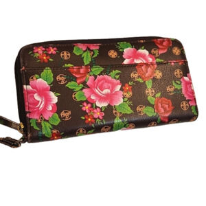 WOMENS Paris B brown zip around wallet with floral details.